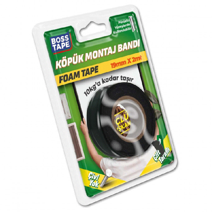 Ruban de montage BOSS TAPE en mousse acrylique 10 kg, 19mm x 2 mètres - Noir 