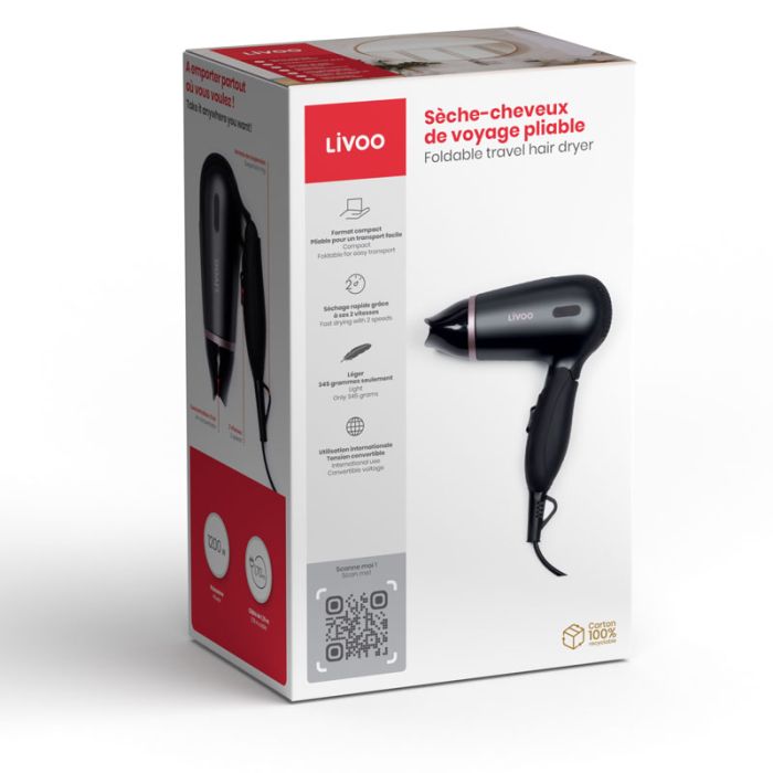 Sèche Cheveux De Voyage Pliable LIVOO DOS175 1200W - Noir