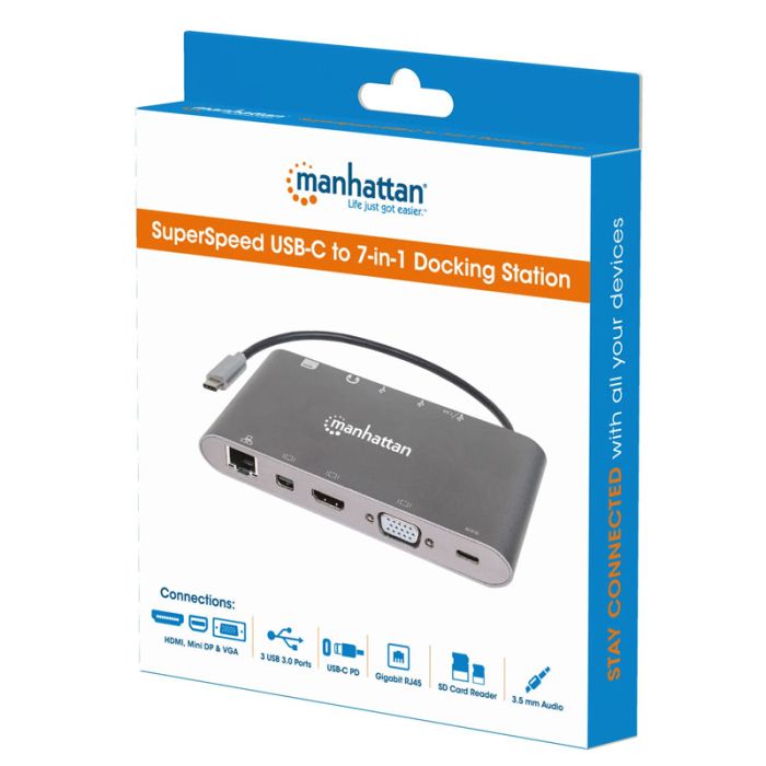 Station d'accueil MANHATTAN USB-C SuperSpeed  7 en 1 - Silver