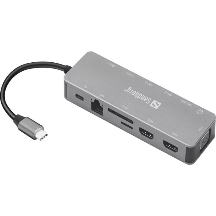 Station d'accueil SANDBERG Dock TRAVEL USB-C 13 en 1 - Gris