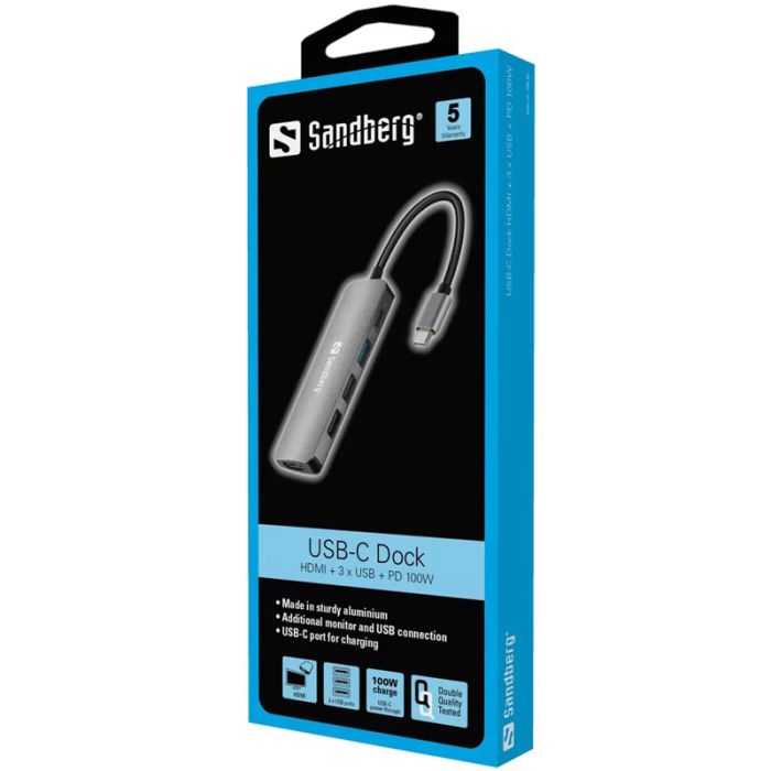 Station d'accueil SANDBERG Dock USB-C HDMI+3xUSB+PD - Gris