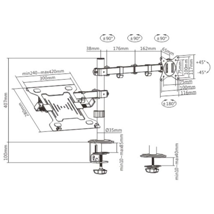 Support De Bureau Réglable GEMBIRD Pour Écran + Plateau Pour Pc Portable