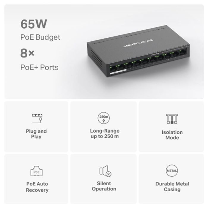 Switch de bureau TP-LINK MERCUSYS 10 Ports /100 MBPS 8 PORTS POE+ BUDGET POE 65W