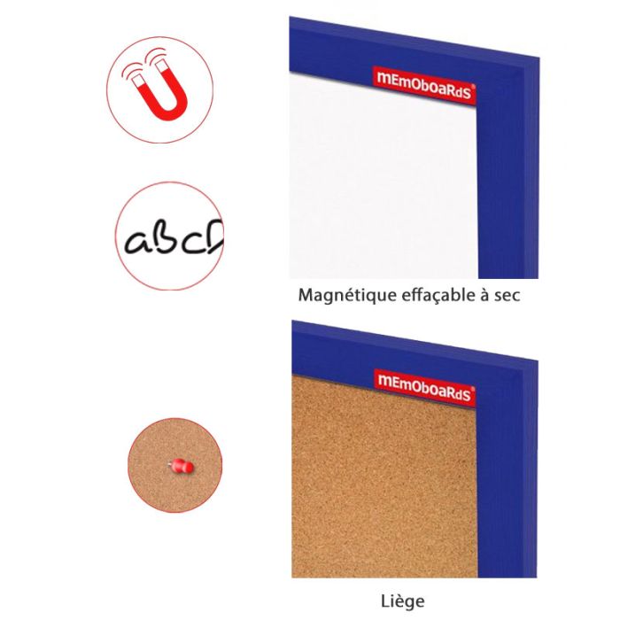 Tableau Mixte  Blanc Magnétique et Liège MEMOBOARDS + 2 Cadeaux - Bleu Foncé