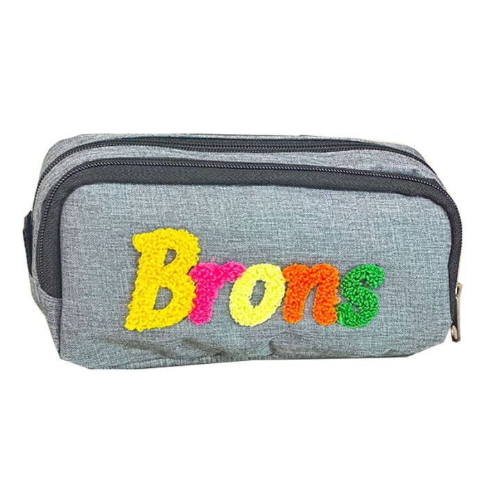 Trousse BRONS brodée double zip - Gris 