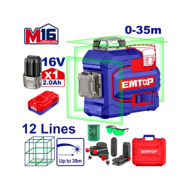 Niveau Laser EMTOP ESLE12301 16V 12 Lignes Vert 35 Mètres