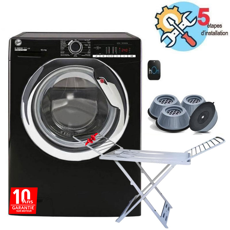 Lave Linge Frontal HOOVER H3WS4105TCBE-04 10.5 kg + Pack 4 Tampons + Sèche Linge Berline