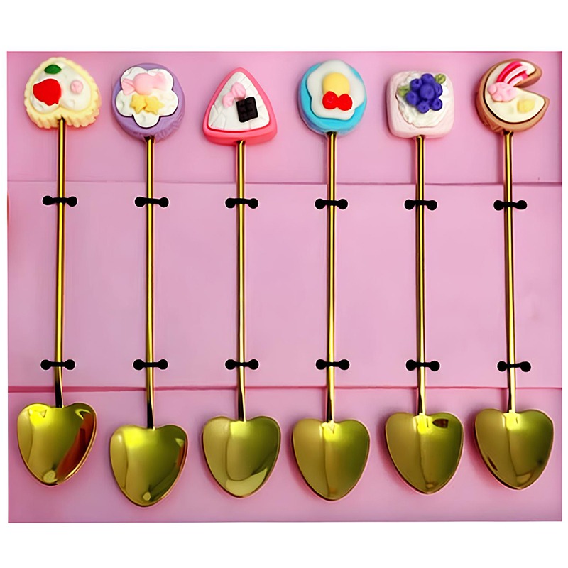 Lot De 6 Cuillères Décoratives Avec Motifs Gourmands - Doré