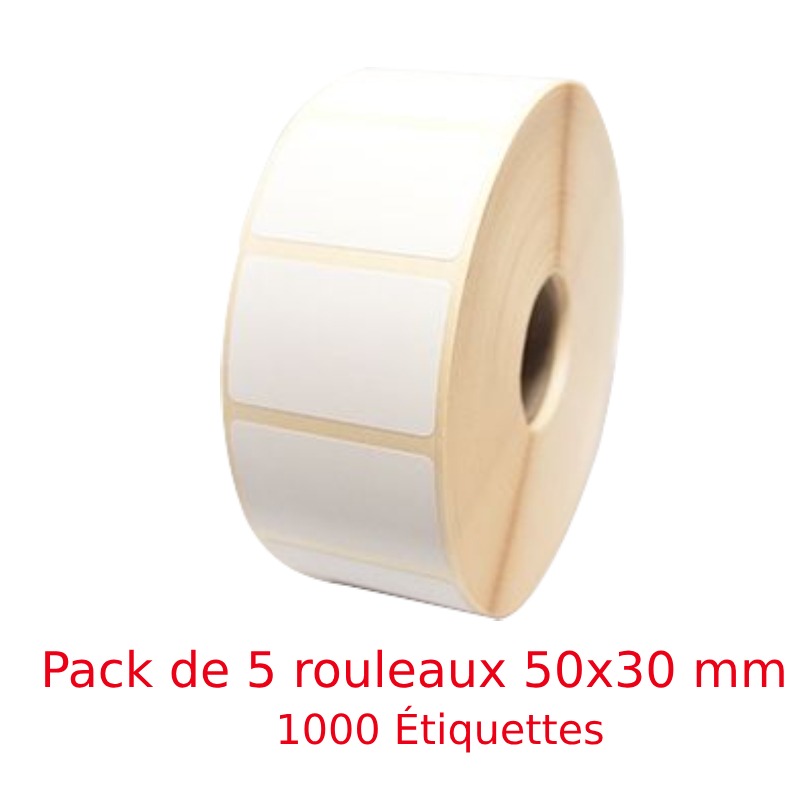 de 5 Rouleaux d'Étiquettes Thermiques 50 x 30 mm - 1000 Étiquettes