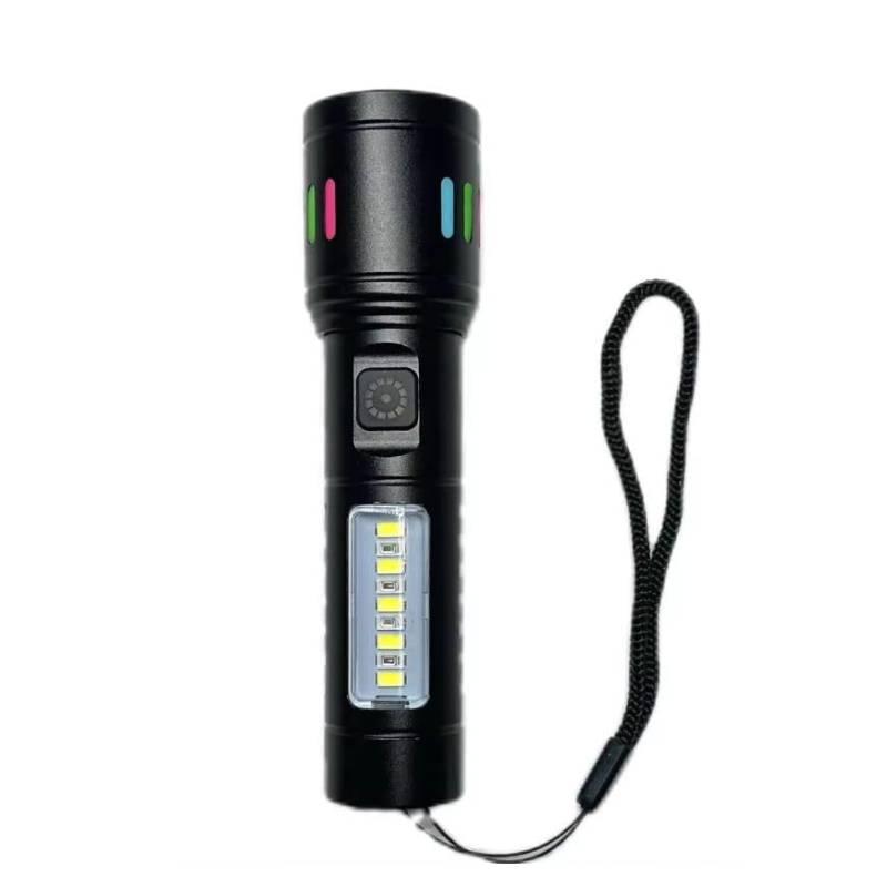 Torche LED Rechargeable USB 15W avec Éclairage COB Latéral - Noir
