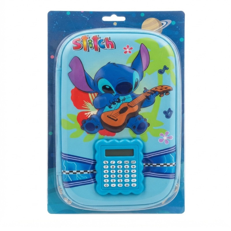 TROUSSE SCOLAIRE STITCH AVEC CALCULATRICE INTEGREE-GRAND MODELE - BLEU CIEL